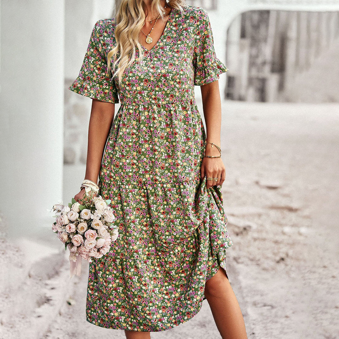 Vestido midi com decote em V para mulher