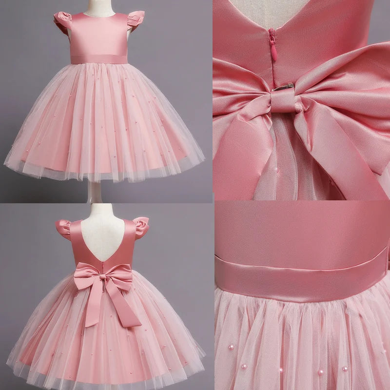 Vestido de tule com flores para menina, sem costas, para festa infantil