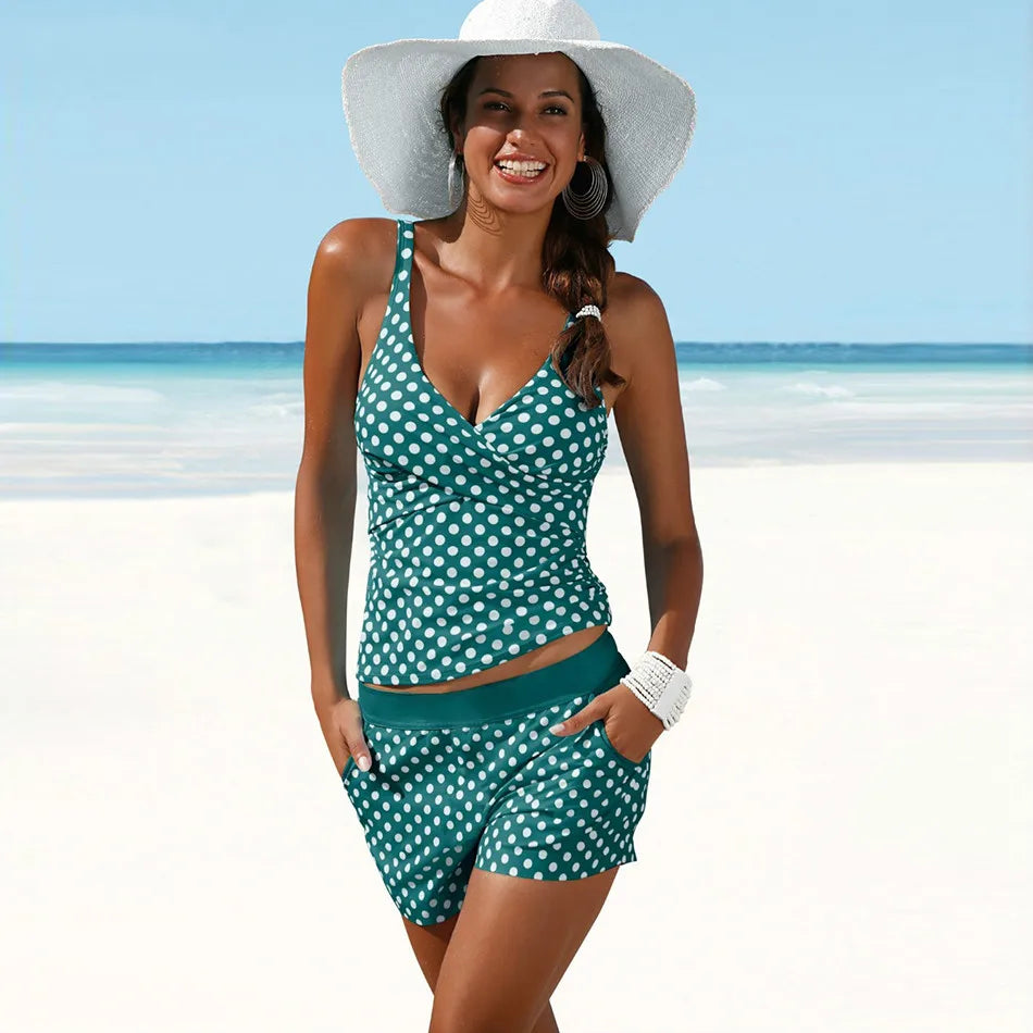 Conjunto de verão feminino de duas peças com estampado de bolinhas