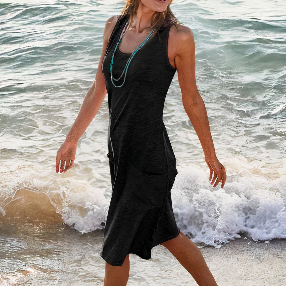 Vestido midi sem mangas de verão para mulher com bolsos