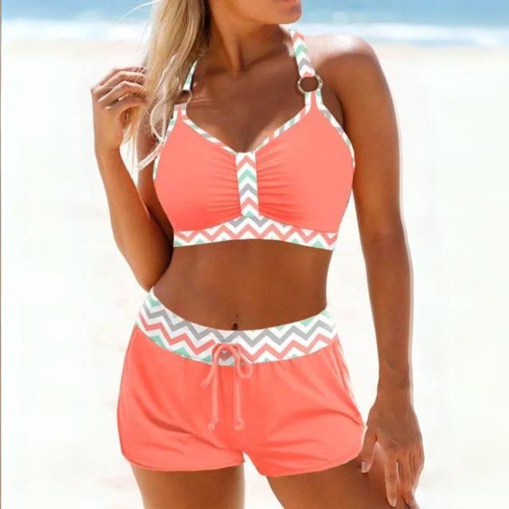 Conjunto de fatos de banho de verão para mulher com top cai-cai e calções com cordão