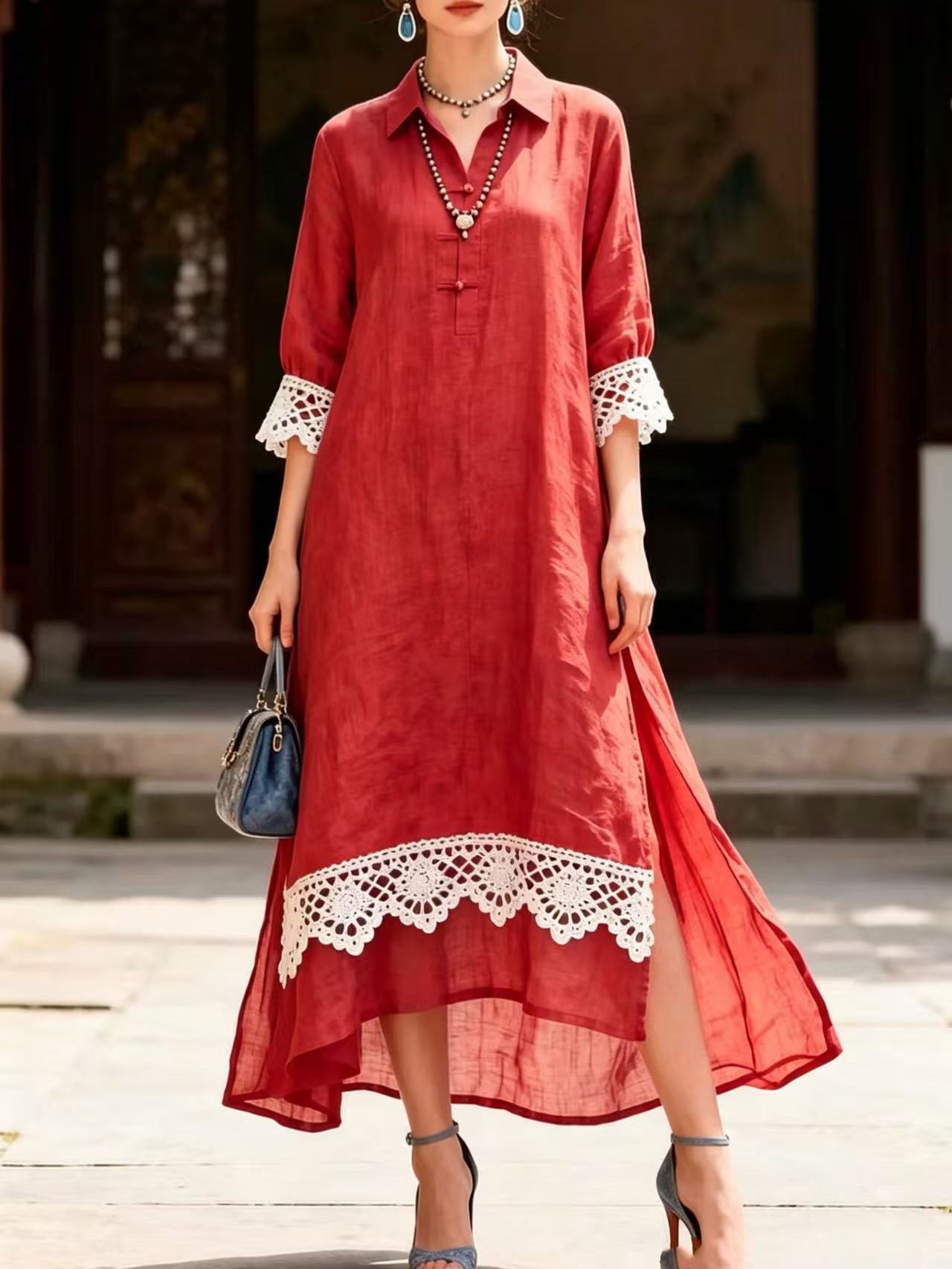 Vestido de renda patchwork em cor sólida emana elegância