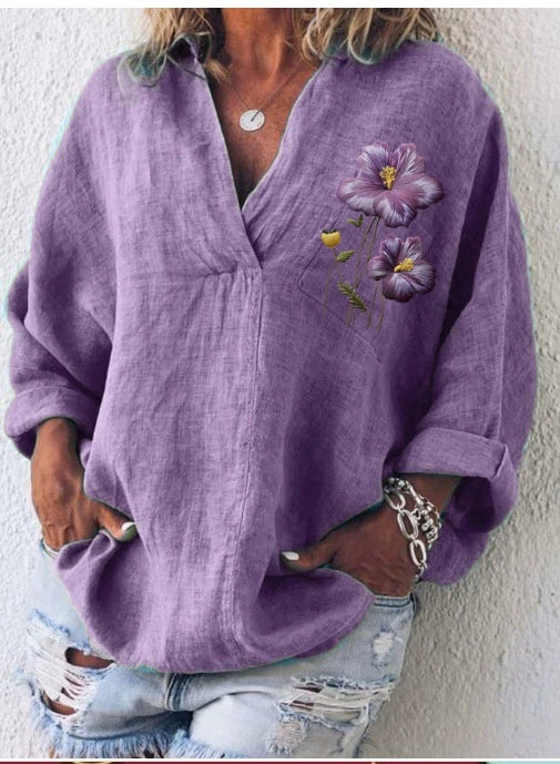Camisa casual para mulher roxa com decote em V e motivo floral