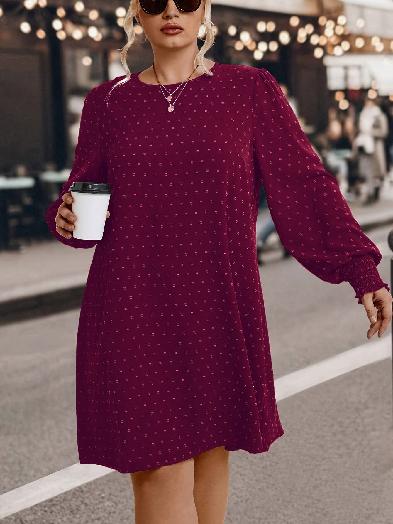 Vestido midi às bolinhas outono e inverno para mulher plus size