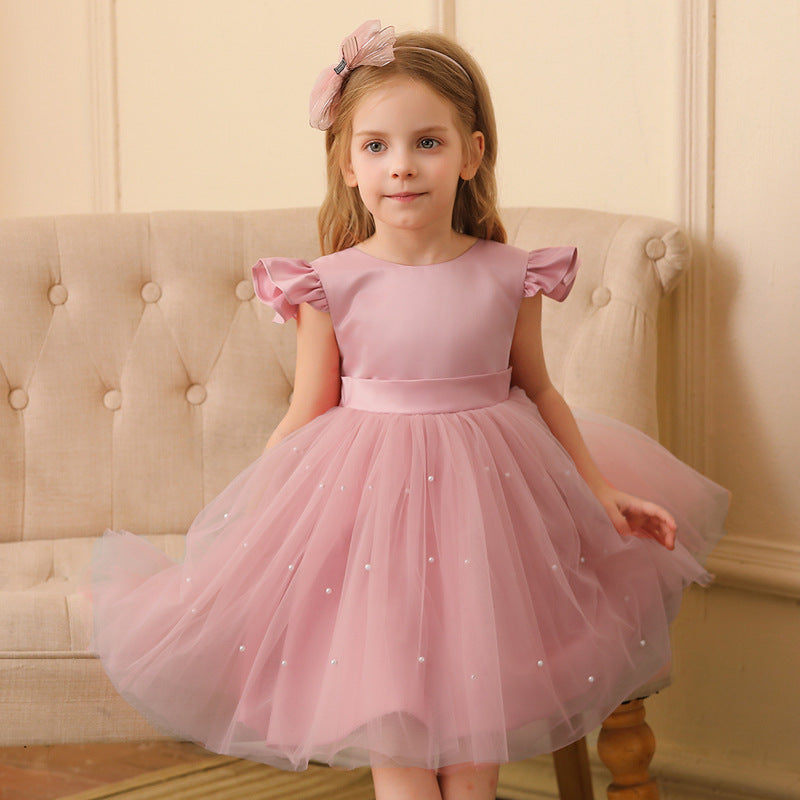Vestido de tule com flores para menina, sem costas, para festa infantil