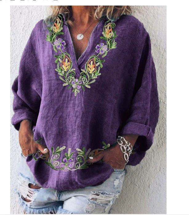 Camisa casual para mulher roxa com decote em V e motivo floral