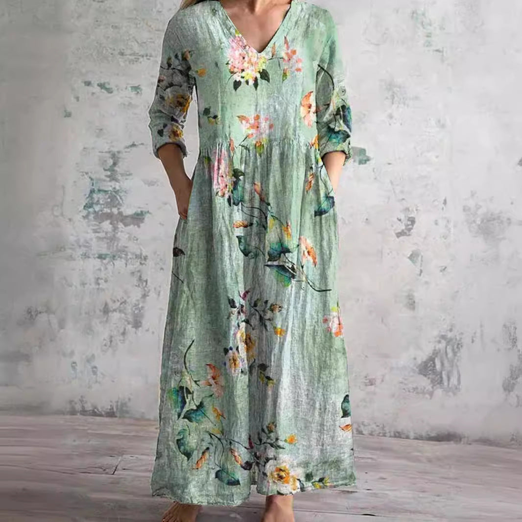 Vestido comprido floral para mulher com decote em V e mangas a três quartos