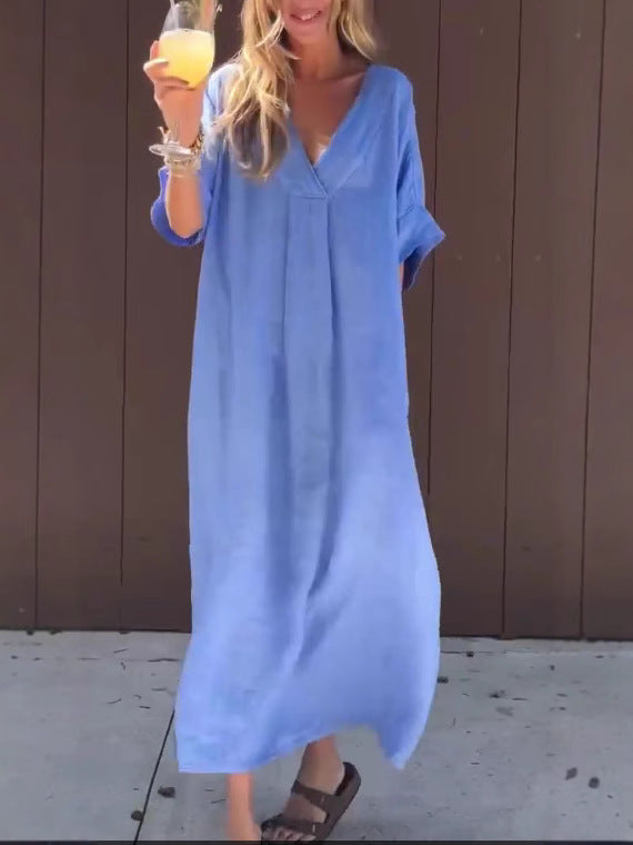 Vestido longo boémio elegante com decote em V