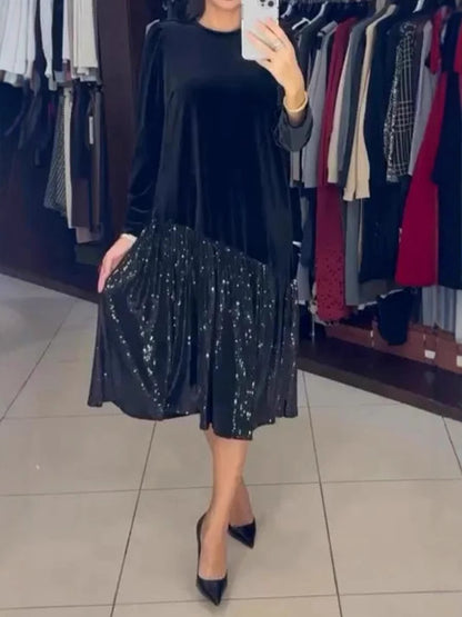 Vestido de noite de lantejoulas emendadas de veludo de cor sólida de inverno