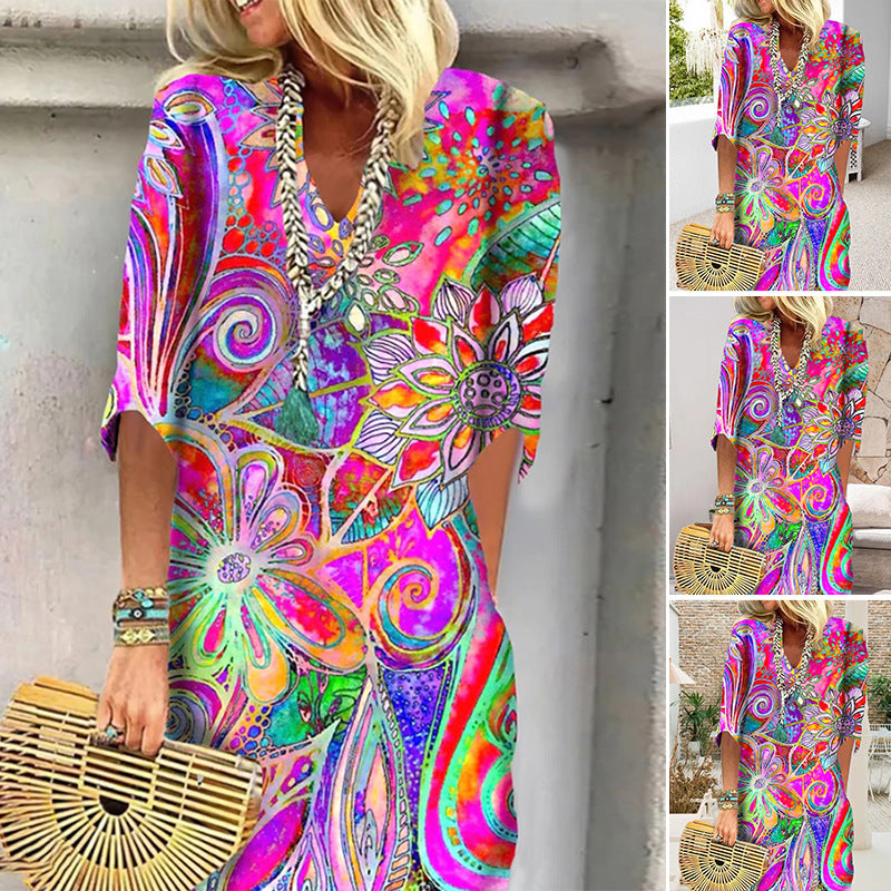 Vestido estampado com manga cotovelo 2025