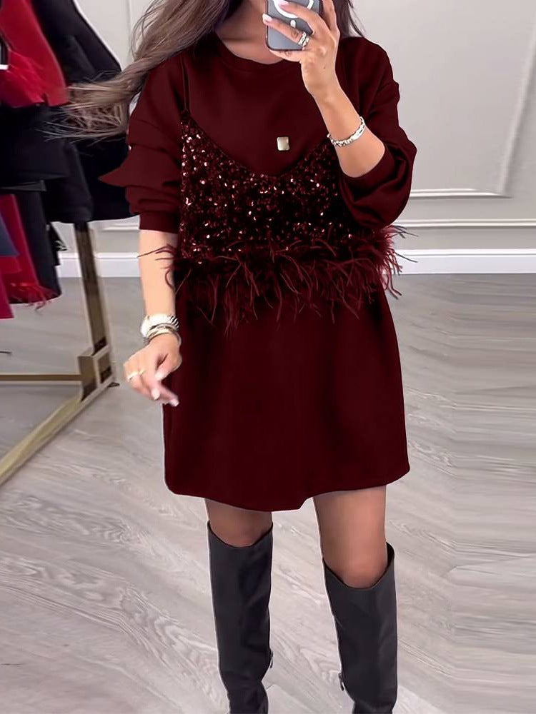 Vestido elegante em patchwork com decote redondo 2024