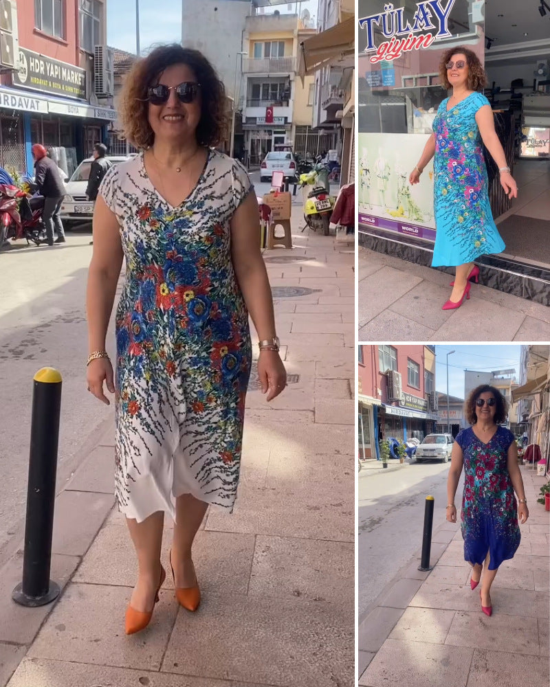 Vestido estampado com decote em V 2025