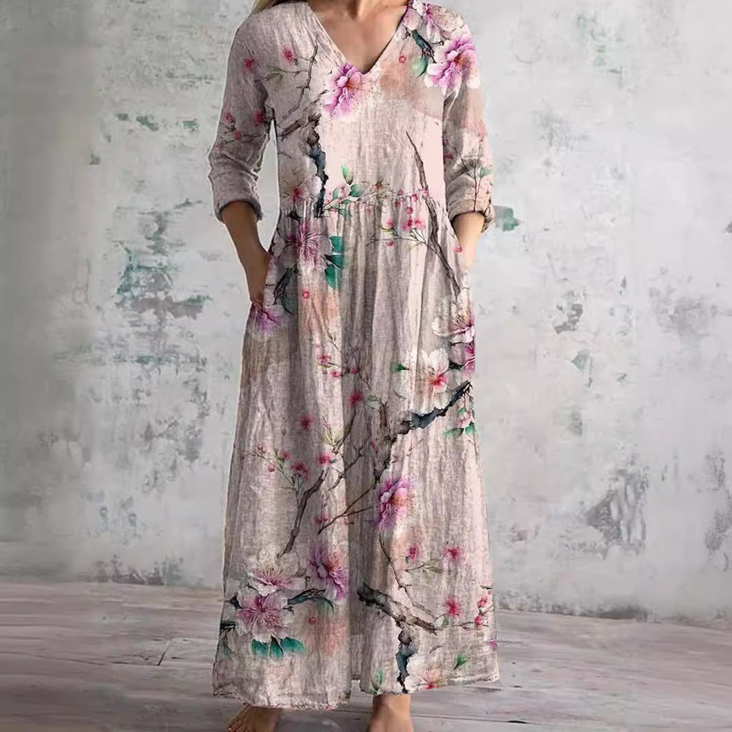 Vestido comprido floral para mulher com decote em V e mangas a três quartos