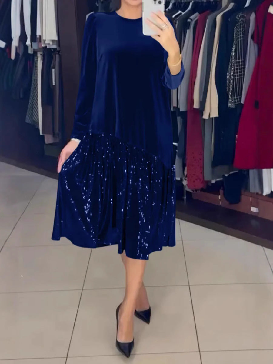Vestido de noite de lantejoulas emendadas de veludo de cor sólida de inverno