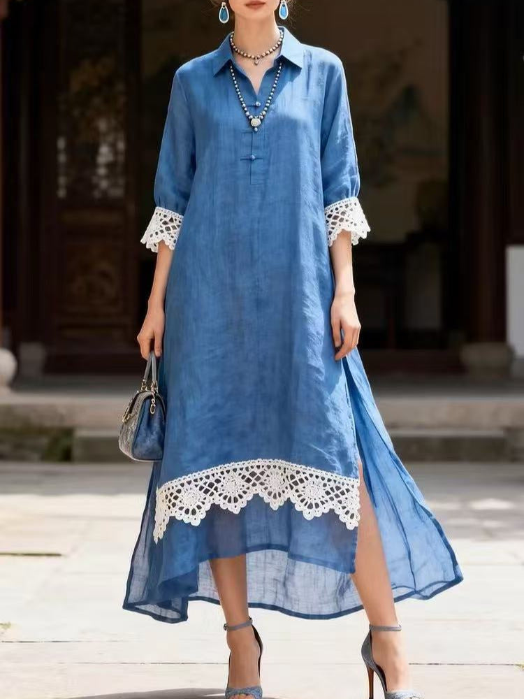 Vestido de renda patchwork em cor sólida emana elegância