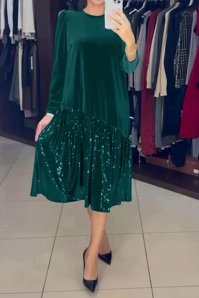 Vestido de noite de lantejoulas emendadas de veludo de cor sólida de inverno
