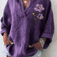 Camisa casual para mulher roxa com decote em V e motivo floral