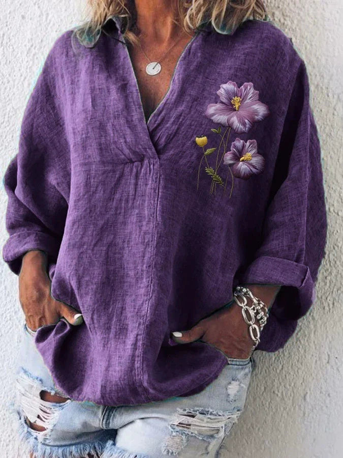 Camisa casual para mulher roxa com decote em V e motivo floral