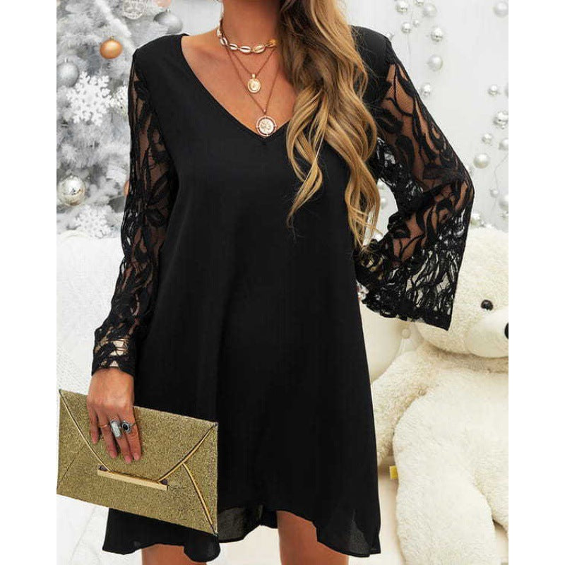 Vestido clássico de manga comprida com acabamento em renda preta e cintura solta