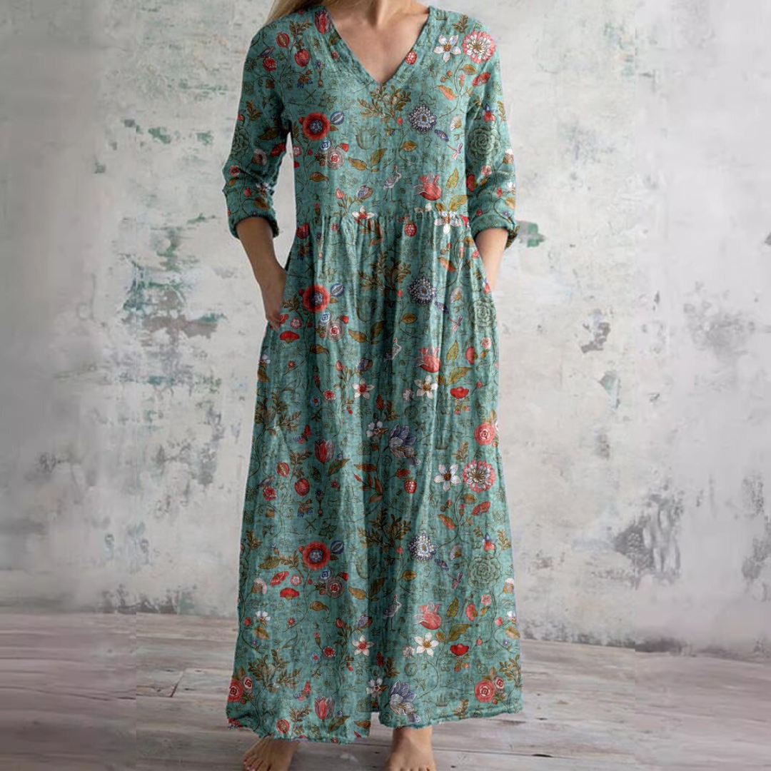 Vestido comprido floral para mulher com decote em V e mangas a três quartos