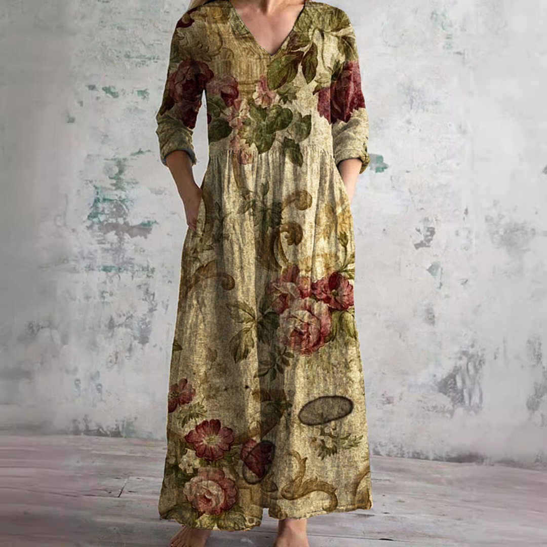 Vestido comprido floral para mulher com decote em V e mangas a três quartos