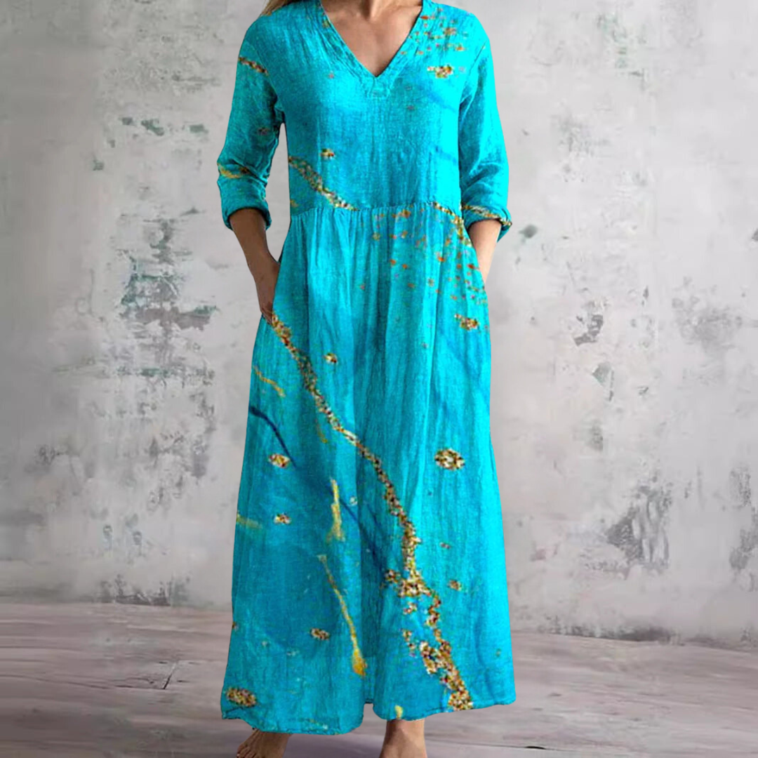 Vestido comprido floral para mulher com decote em V e mangas a três quartos