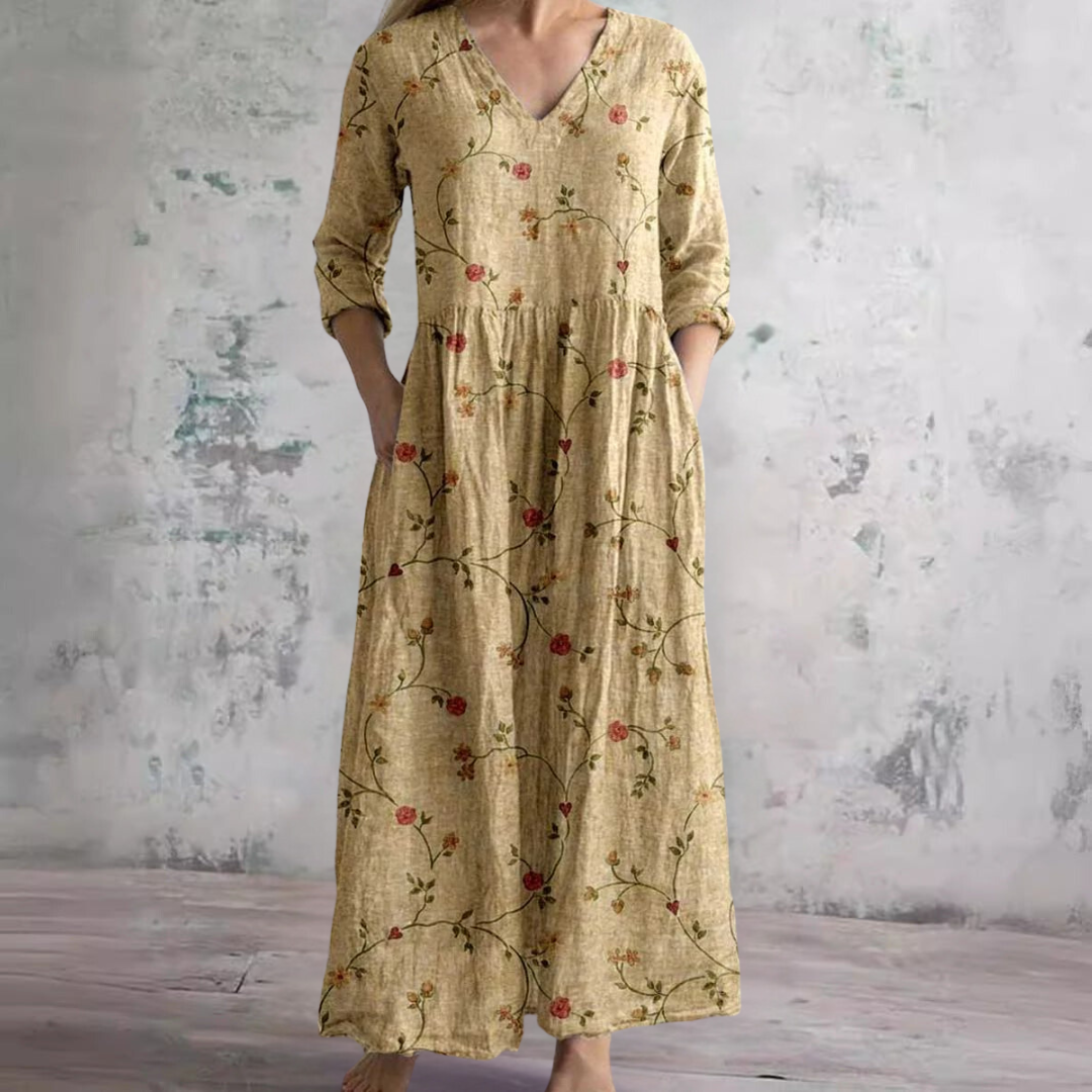 Vestido comprido floral para mulher com decote em V e mangas a três quartos