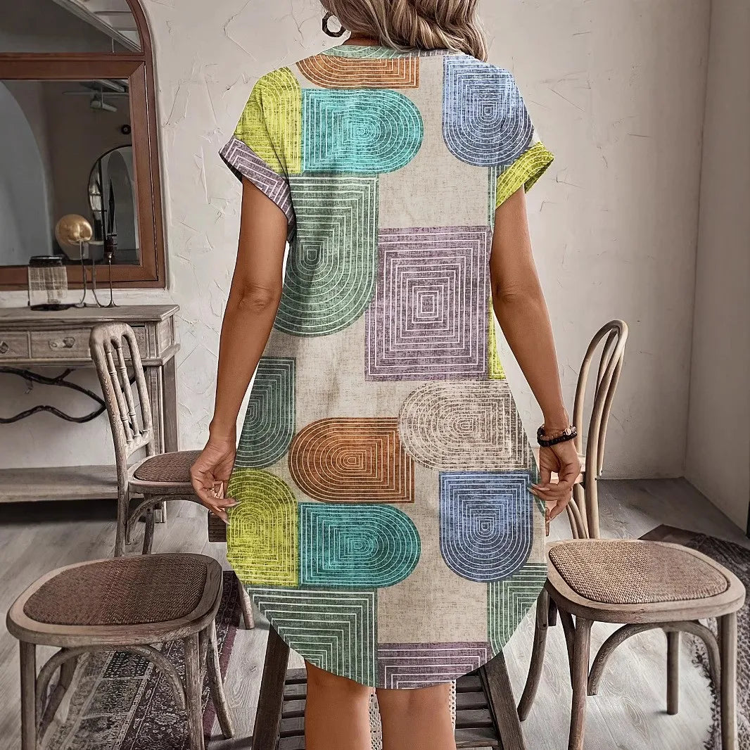 Vestido elegante com decote em V e botões estampados 2025