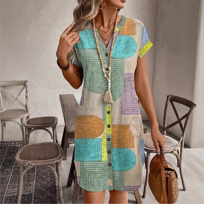Vestido elegante com decote em V e botões estampados 2025