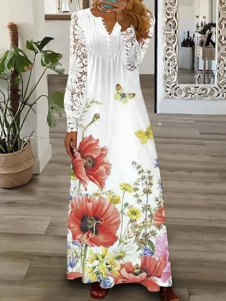 Vestido em algodão estampado com acabamento em renda