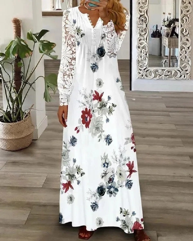 Vestido em algodão estampado com acabamento em renda