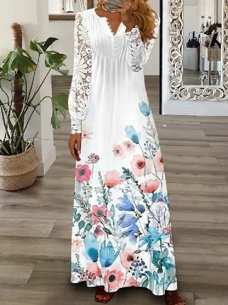 Vestido em algodão estampado com acabamento em renda