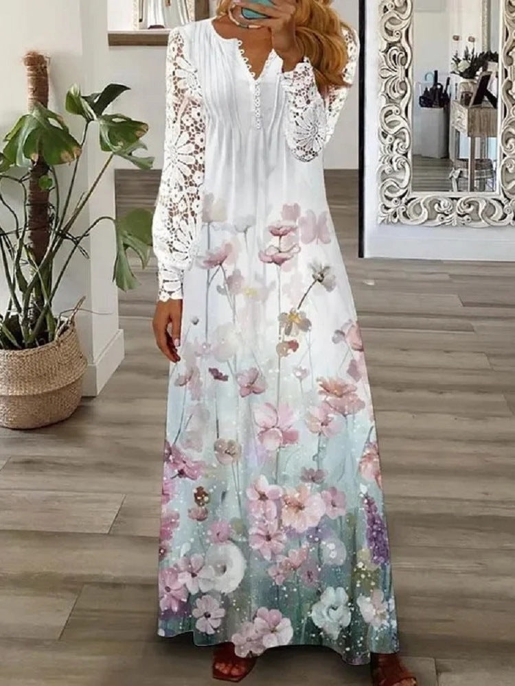 Vestido em algodão estampado com acabamento em renda