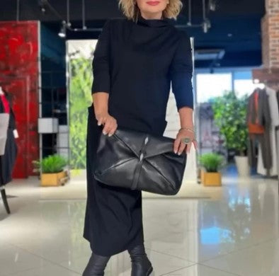 Vestido casual outono e inverno mangas compridas gola alta bolsos de cor sólida