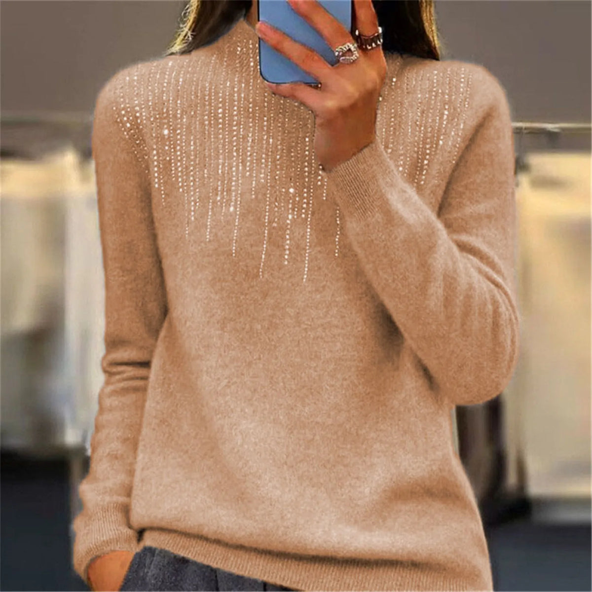 Camisola de mulher de gola alta com lantejoulas 2025