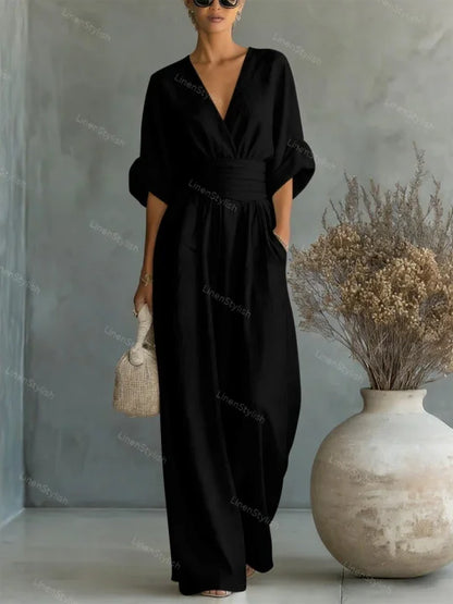 Macacão de moda com decote em V e cintura marcada