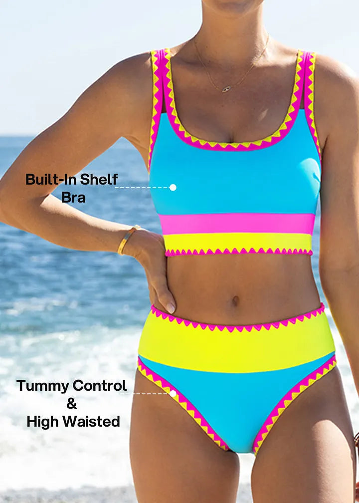 ✨Conjunto de biquíni de 3 peças colorido e desportivo, fabricado em nylon de alto contraste.