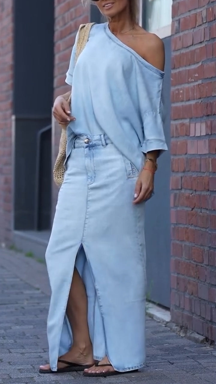 Fato de ganga Tencel casual para mulher com gola redonda
