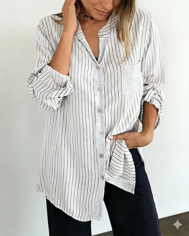 Camisa de senhora às riscas com lantejoulas