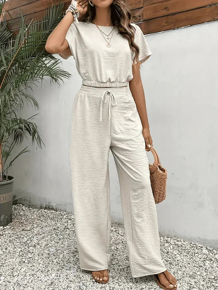🍃Conjunto de duas peças para mulher com mangas curtas e calças direitas e largas
