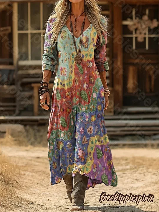 Vestido comprido de algodão confortável com estampado, decote em V e bolsos