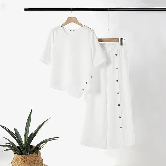 ⏰Conjunto de duas peças para mulher: blusa com bainha irregular e calças pantalona