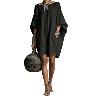 🌿 Vestido largo em algodão e linho com mangas morcego
