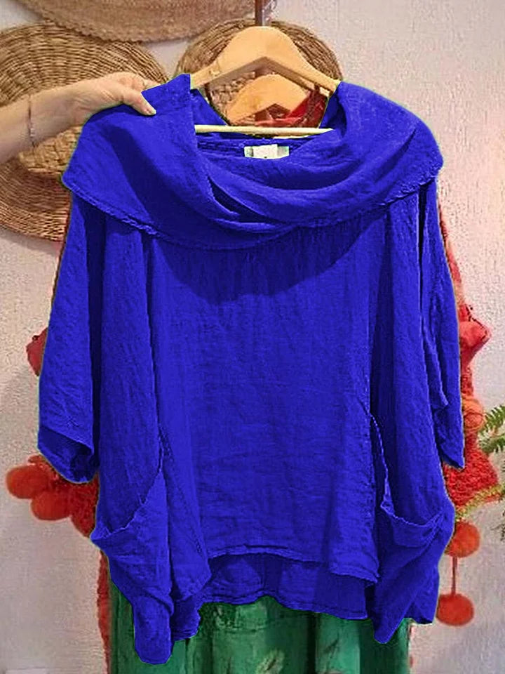 Blusa de linho para mulher, casual e confortável, com mangas a três quartos e bolso