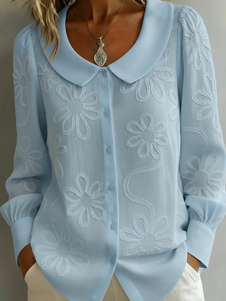 Camisola retro de gola redonda com bordado floral