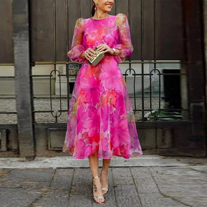 Vestido feminino elegante casual de tule com estampado floral