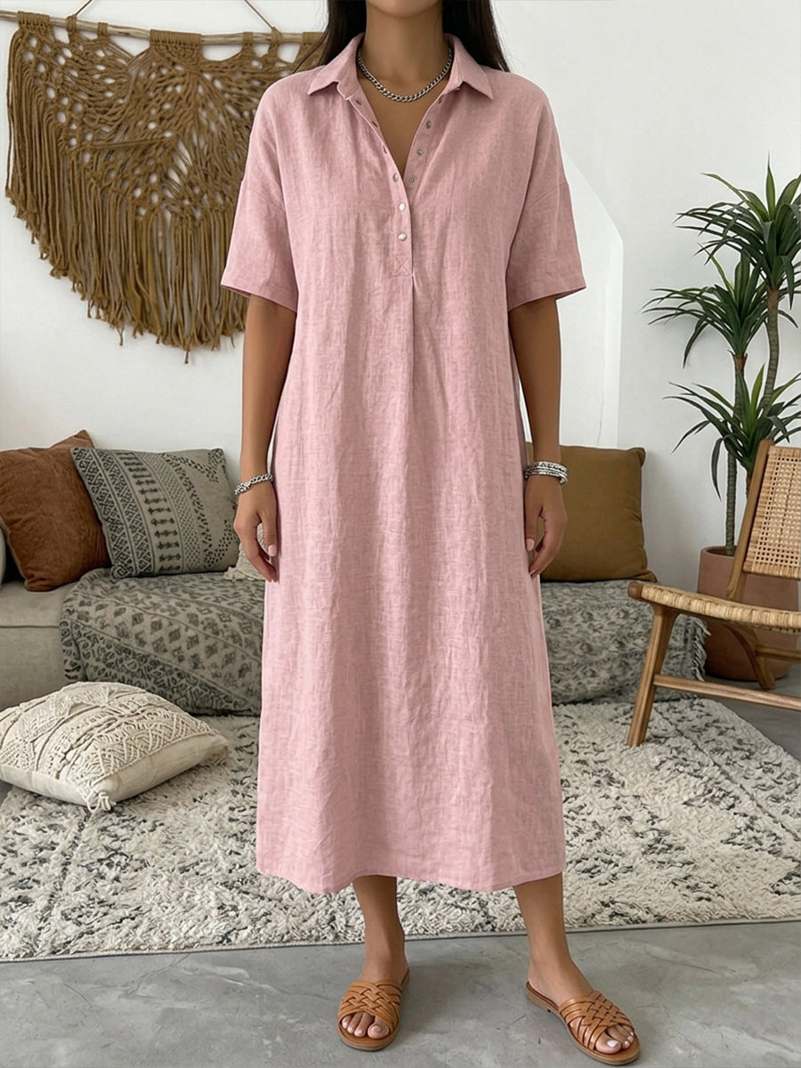 Vestido polo para mulher em algodão e linho – Manga curta casual para o verão
