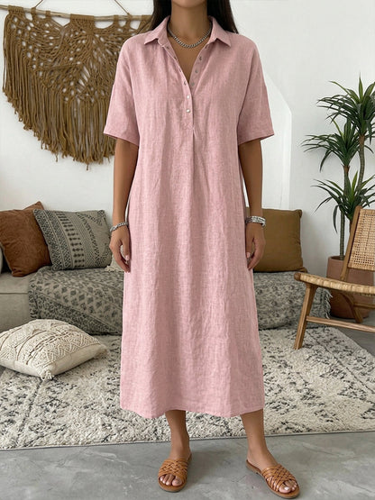 Vestido polo para mulher em algodão e linho – Manga curta casual para o verão