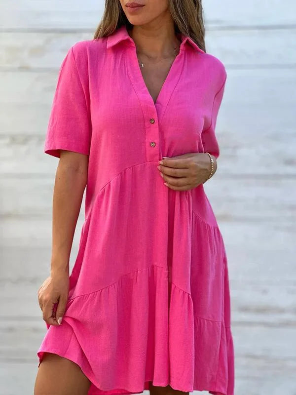 Vestido de menina solto, simples e casual, de manga curta, feito de algodão e linho