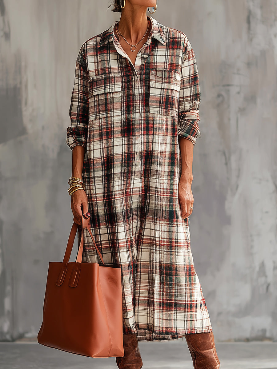 Vestido midi xadrez boémio em mistura de algodão
